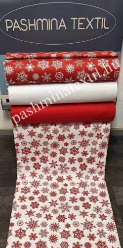 Pamutvászon - Piros hópelyhes - fehér alapon