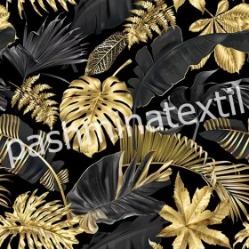 Dekorvászon - Fekete alapon - Arany levél minta
