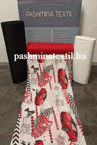 Pamutvászon - Piros autó minta - fehér alapon