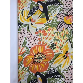 Pamutvászon - Virág és madár minta - fehér alapon