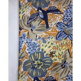 Pamutvászon - Virág és madár minta - fehér alapon