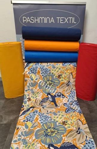 Pamutvászon - Virág és madár minta - fehér alapon