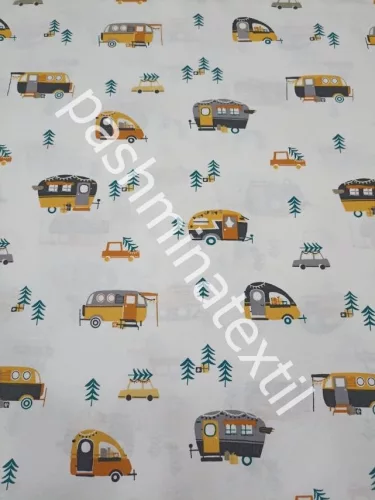Pamutvászon - Lakókocsi minta - fehér alapon