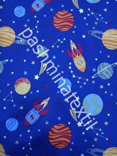 Pamutvászon - Bolygó minta - tinta kék alapon