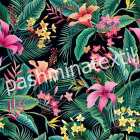   Dekor vászon - Fekete alapon, színes virágok és nagy levelek