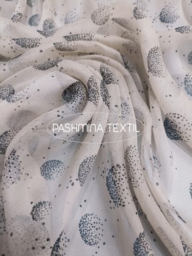 Mintás hernyóselyem muszlin - Nyers alapon szürke kör mintás.