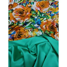 Hernyóselyem szatén - narancs - emerald zöld virágokkal