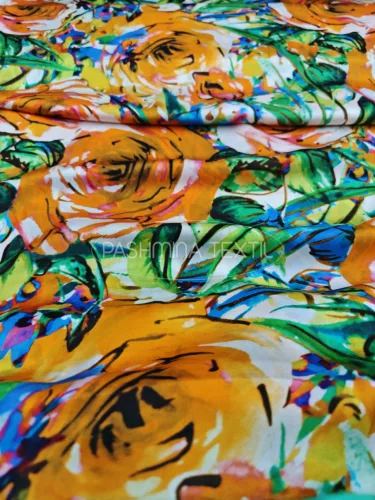 Hernyóselyem szatén - narancs - emerald zöld virágokkal