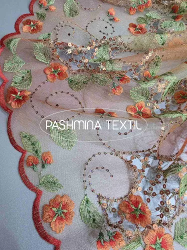 Alkalmi francia csipke - Narancssárga flitteres csipke.