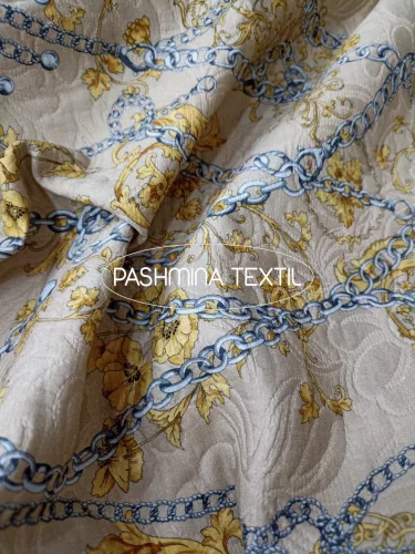 Mintás elasztikus pamut - Bézs alapon - Tervezői mintás VS.