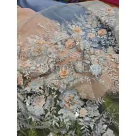   "Velence" 3D kék-púder hímzett tüllcsipke virágokkal