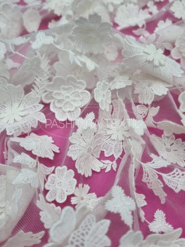 Légies natúr 3D pamutvirágok tüllcsipke - Ivory