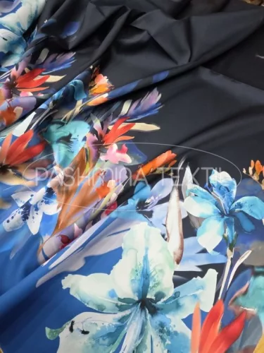 Sötétkék-királykék virág bordűrös - selyem zibbelin