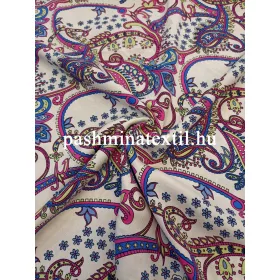 Viszkóz flokon, fehér alapon pink-kék paisley mintás